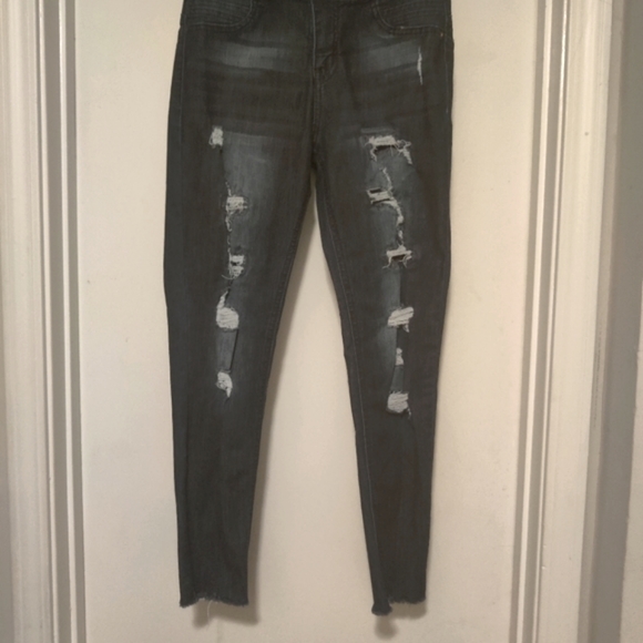 High Rise Blue Denim Destroyed Ripped Jeans - Picture 3 of 4